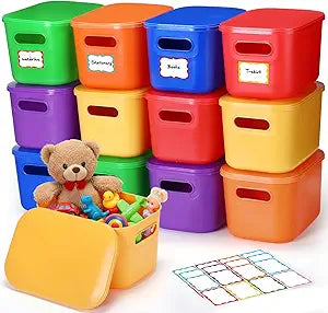 Thyle 12 Pack Vibrant Colorful Plastic Storage Bins with Lids 7 Quart Toy Storage Box Stackable Nestable Organizer Boxes with Handle and Labels for Classroom Shelf Bedroom Desktop Toys School Supplies