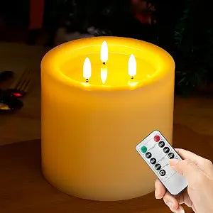 Extra Large Flameless Candles with 3 Wicks, 6"x6" Real Wax Battery Operated Candles with Remote and Timer, Flickering LED Candles Fake Candle for Home, Wedding, Party, Ivory