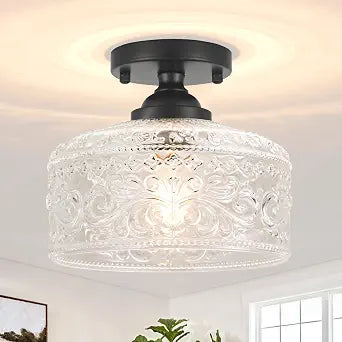Daunton Small Semi Flush Mount Ceiling Light Fixture, Vintage Matte Black Close to Ceiling Lighting with Etched Glass Shade for Hallway, Kitchen, Entryway (Retro Design, Easy Install)