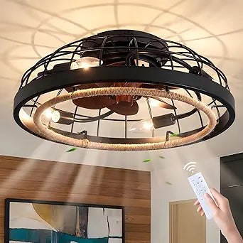 20" Boho Black Caged Ceiling Fan with Lights and Remote, Rustic Flush Mount Bladeless Ceiling Fan Low Profile, Small Farmhouse Hand Woven Rattan Ceiling Fan for Bedroom, Kitchen, Indoor