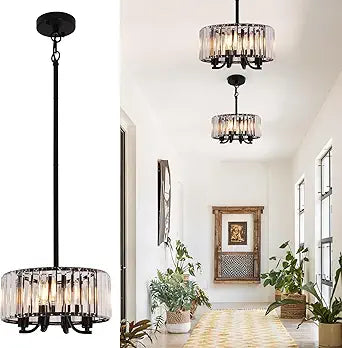 Black Crystal Chandelier, 4-Light Small Modern Semi Flush Mount Ceiling Chandelier Light Fixtures,Round Hanging Lighting Fixture for Bedroom Living Room Kitchen Hallway Entryway, E12 Base, 11.6 Inch