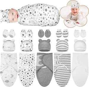 Flasoo 5 Pack Preemie Swaddle Blanket Wrap with Hat and Mittens Set, Adjustable Cotton Baby Blankets, Easy Preemie Swaddles for Premature Baby Boy Girl 4-7 lbs, Newborn Essentials