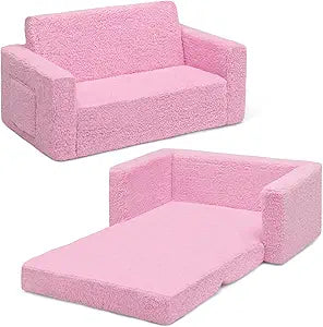 Delta Children Cozee Flip-Out Sherpa 2-in-1 Convertible Sofa to Lounger for Kids, Pink