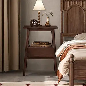 JIKUGO Nightstand Mid Century Modern and Drawers Display Cabinet for Bedroom Bamboo Bedside Tables 21.9x15.8x14.2in Night Stands Bed Side Table Maroon