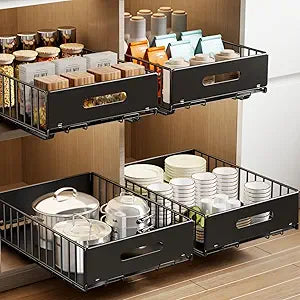 Mustorn 2 Pack Pull Out Cabinet Organizer, Slide Out Drawers for Cabinets, Peel and Stick, Heavy Duty Shelves for Kitchen, Cupboard, Pantry, Bathroom (16.5"D*11.8"W*3.94"H-Black)