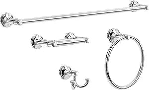 Franklin Brass Woodruff 4-Piece Bathroom Set Polished Chrome 18" + 6" Towel Rack, Toilet Paper Holder, Hand Towel Holder, Hook | 4-Piece Bath Hardware Accessories Set WDRF64-PC