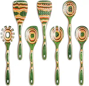 7Pcs Pakkawood Kitchen Utensils Set for Cooking, Wooden Spoons for Cooking, Safe Eco-Friendly, Non-Stick, Wooden Utensil for Cooking,Wooden Cookware Set, Housewarming Kitchen Gifts, Green