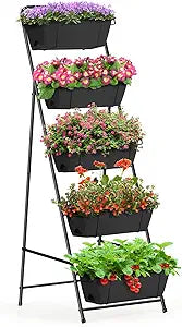 Vertical Garden Planter 5 Tiers Raised Garden Bed Outdoor Standing Herb Garden Planter with Drainage Holes and Removable Tray Planters for Outdoor Plants Vegetables Flowers Black