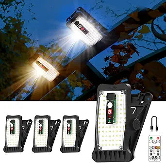 Clip On Solar Motion Lights Outdoor Waterproof, 800LM, 70 LED, 3 Color Temperature, USB & Remote Control, 4 Pack Portable Solar Powered Light Outside for Gutters Fence Garage Camping