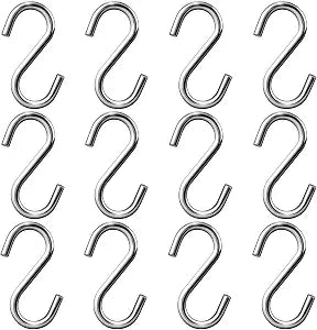 Dreecy 12 Pack Stainless Steel Heavy Duty S Hooks for Hanging, 2 Inch Small Thick S Hooks for Hammocks, Plants, Chain Hardware, Bird Feeders, Garden Tools, Pots, Pans, Silver