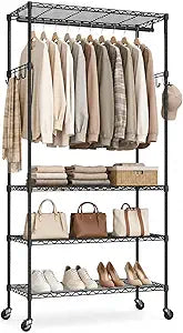 4 Tier Heavy Duty Wire Garment Rack, Adjustable Rolling Clothes Rack with Hanging Rod & Hook, Portable Closet Storage Organizers for Hanging Clothes, 35.4"W x 15.75"D x 70.9"H, 396LBS, Black