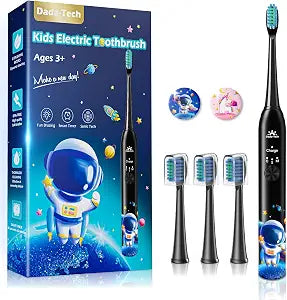 Kids Electric Toothbrush Rechargeable Age 3-5-6-12-18 Year Old, Sonic Toothbrush Kids with Timer 3 Modes 4 Vibrating Heads Habit Stickers Tooth Brush for Girls Boys and Childrens (Astronaut Black)
