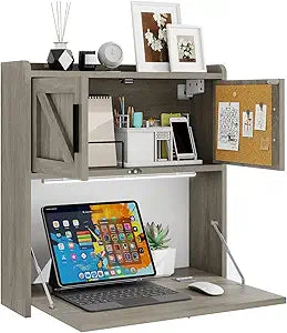 ARTETHYS Wall Mounted Desk with LED Light Farmhouse Multifunctional Fold Down Laptop Computer Table Writing Workstation with Storage Compartments Space Saving for Home Office, Gray