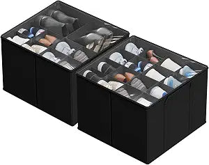 SUOCO 2 Pack Shoe Organizer for Closet, Fits up to 32 Pairs, Small Space Shoe Storage Boxes Bins Containers w/Adjustable Dividers and Clear Top, Black