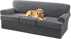 Turquoize T Cushion Sofa Slipcover 4 Piece Sofa Covers for 3 Cushion Couch Thick Velvet Couch Cover Stretch Furniture Covers with 3 Individual T Cushion Covers, Washable (3 Cushion Sofa, Gray)