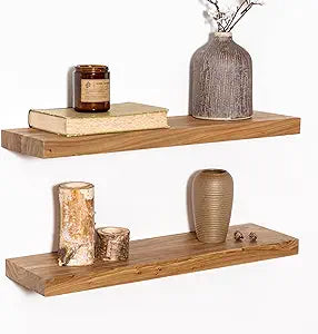 Fun Memories Wood Floating Shelves 24 Inch Long, Rustic Elm Wood Wall Shelves for Farmhouse, Living Room, Kitchen, Wall Mounted Bathroom Shelf Floating Shelf with Invisible Bracket Set of 2, Natural