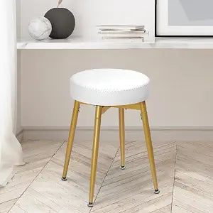 360 Swivel Vanity Stool, Vanity Chair Stools for Makeup Room, Round Faux Leather Makeup Chairs, Modern Small Ottoman Foot Rest with Metal Legs for Living Room, Bedroom, White&Gold