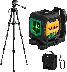 PREXISO Laser Level with 47 Inch Tripod, IP54 Rechargeable 65Ft Green Cross Line Laser Self Leveling, Light Indicator, 3 Brightness Mode, Lazer Leveler Tool for Picture Hanging, Tile, Home Renovation