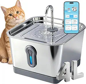 Cat Fountain Stainless Steel, 135oz/4L Pet Water Dispenser with App Monitoring, 4000mAh Operated Water Dispenser for Cats & Dogs,Ultra Quiet, LED Water Level Window Cat Fountain (2 Filter& 3 Sponge)