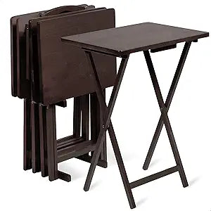 PJ Wood 5-Piece TV Tray Folding Wooden Dinner Table Set with Compact Storage Rack, Espresso - Portable and Adjustable Home Furniture for Living Room, Bedroom, and Kitchen