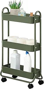 SunnyPoint Slim Rolling Storage Cart, 3 Tier Bathroom Storage Organizer Bathroom, Laundry Utility Cart (Army)