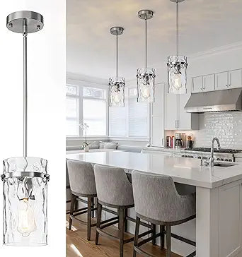 5.5" Nickel Hammered Glass Pendant Light, Brushed Nickel Kitchen Pendant Lights, Modern Kitchen Island Pendant Lights Dining Light Fixture Bedroom Foyer 1 Pack