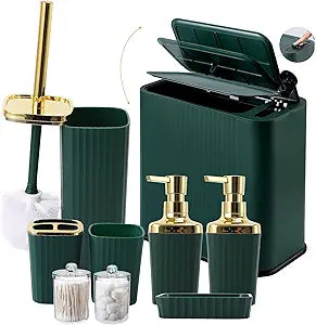 XLHOMO 9-Piece Dark Green Bathroom Accessories Set - Slim Pop-up Trash Can with Lid, Toilet Brush, Soap Dispenser & Apothecary Jars - Luxury Emerald Decor for Small Spaces