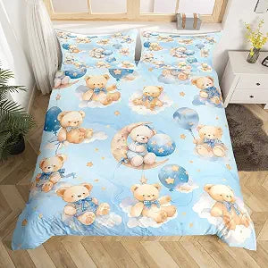 Lovely Bear Duvet Cover Twin Size,Cute Animal Toy Fantasy Balloons Starry Moon Sky Bedding Set 2 Pcs for Boys Girls,Blue Bowknots Dreamy Princess Style Comforter Cover(No Filler),
