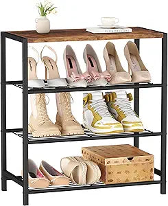 HOMEFORT 4-Tier Shoe Rack Organizer, Shoe Tower for Closet, Shoe Storage Shelf with MDF Top Board, Each Tier Fits 3 Pairs of Shoes, Entryway Shoes Organizer with Sturdy Metal Shelves, Rustic Brown
