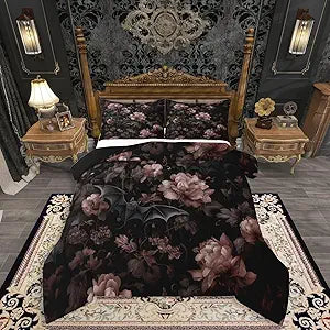 Erosebridal Gothic Bedding Set Queen for Home, Goth Halloween Decor Comforter Set for Kids Teens Women Men Bedroom, Gothic Bat Black Floral Comforter, Vintage Victorian Baroque Quilt, 2 Pillowcases
