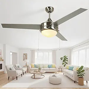 KSANA Pull Chain Ceiling Fans with Lights, 52 Modern Nickel 3-Blade Reversible Indoor Ceiling Fan Light for Bedroom Living Room Dining Room