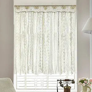 Crochet Boho Curtains With Lace Trim Ribbon Hand Made Lace Window Topper Farmhouse Kitchen Curtains 45 Inch Length,Cottagecore Bathroom Curtain Panel Ceremony Party Home Decorations Ivory/Cream