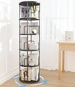 5 Tier Rotating Bookshelf Tower Round Black,62Tall Standing Spinning Bookshelf Tower Anti-Tipping Design,Metal & Wood Revolving Bookcase Stackable Space Saving for Small Spaces,Study,Living Room