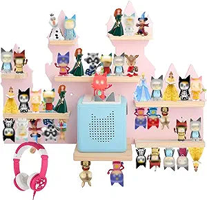 for Toniebox 2 and Toniebox 1 Tonie Shelf Wall Mounted Set,Tonies Figures Tonies Storage,Magnetic Wooden Floating Shelves Compatible with Tonie box Player Character for Children Room (pink-castles)