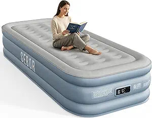 Sebor Air Mattress Twin with Built-in Pump 18", Comfortable Self-Inflating Blow up Mattress with High-Speed Pump, Durable Twin Size Air Mattress with Storage Bag for Guests, Moving, Camping, Travel