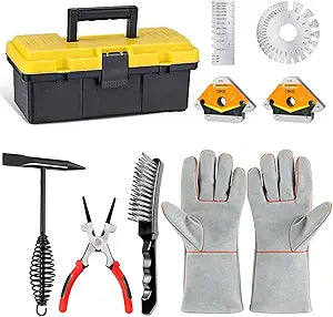 9Pcs Mig Welding Accessories Tools Kit for Beginners,10.5"Chipping Hammer Welding,9.5"Wire Brush,13.5"Leather Welding Gloves,8"MIG Welding Pliers,25LB Welding Magnet,Wire Metal Sheet Thickness Gauges