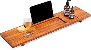 Teak Bathtub Tray for Freestanding Tubs - 35" Heavy-Duty Luxury Bath Caddy, Non-Slip Zero-Wobble Design, Water-Resistant Spa Organizer with Wine Glass & Phone Holder