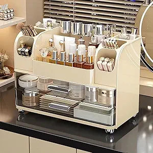 Makeup Organizer with Drawers for Vanity,Bathroom Countertop Organizer with Brushes Holder,Skincare Storage Organizer,Perfect Cosmetic Display Case for Skincare,Lipstick and Beauty Essential (Cream)