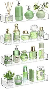 4PCS Acrylic Floating Shelves for Wall, 15" Clear Acrylic Shelves, Bathroom Shelf with Two Types of Installation, Space Saving Hanging Wall Shelf for Bathroom, Living Room, Bedroom, Kitchen