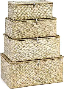 QWORK Seagrass Basket Set with Lids - 4-Piece Rattan Wicker Storage Baskets in Assorted Sizes, Handwoven, Durable Organizer for Home & Office, Rustic Farmhouse Decor, White