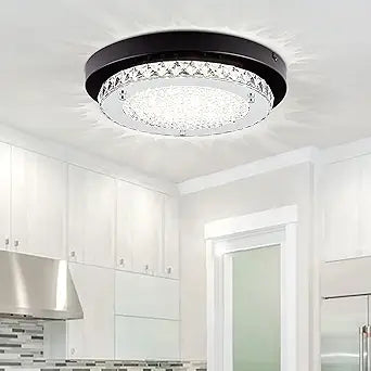 Flush Mount Ceiling Light Crystal LED Dimmable Closet Light Fixture 13 Inch Black Modern Bathroom Ceiling Light Small Round Hallway Lighting for Laundry Foyer Kitchen 4000K