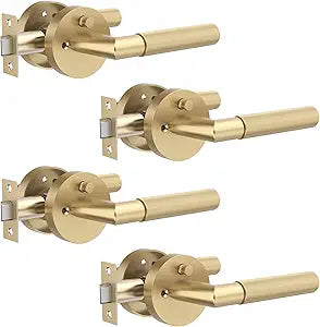 Zylaria 4 Pack Gold Door Lever Handle  Keyless Privacy for Bedroom/Bathroom, Anti-Slip Knurled Grip, Fits Left/Right Hand Doors