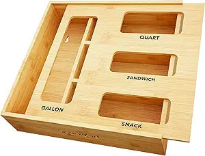 SpaceAid Bag Storage Organizer for Kitchen Drawer, Bamboo Organizer, Compatible with Gallon, Quart, Sandwich and Snack Variety Size Bag (1 Box 4 Slots)