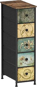 Tohomeor Narrow Storage Dresser Slim Dresser with Retro Flowers Fabric Drawers Vertical Skinny Cabinet for Small Spaces,Bathroom,Bedroom Closet Nightstand,Entryway Organizer (Retro Flower, 5 Drawers)
