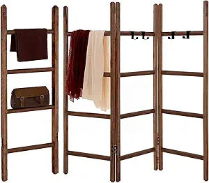 CroBlissful 3 Panel Blanket Ladder, 56.7" H Rustic Wood Quilt Display Rack, Foldable Free Standing Towel Ladder with 9 Hooks, Decorative Blanket Holder for Living Room Bedroom Bathroom Farmhouse Decor