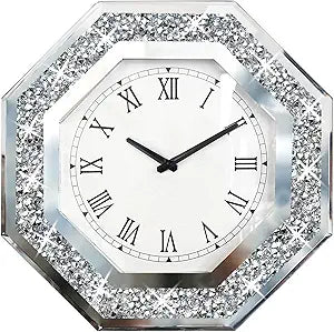 Wall Clock, Octagon Mirror Glass Clock, Cute Diamond 12-inch Non-Ticking Clock for Wall Dcor, Perfect Home Decor for Bedroom, Bathroom Motif, Dining Room(Excluding Batteries.)