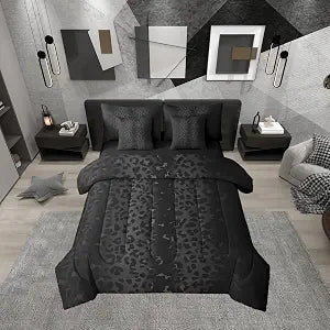Erosebridal Ombre Black Grey Leopard Print Comforter Set Queen Size 7 Pieces | Cheetah Fur Bed in A Bag Animal Skin Pattern Bed Set Women Men Adults Bedding
