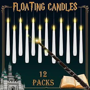 Lezonic Floating Candles with Magic Wand Remote, 12 Pack Hanging LED Candles, Flameless Flickering Taper Candles with 6H Timer, Battery Operated Candles for Halloween Christmas Party Home Decor