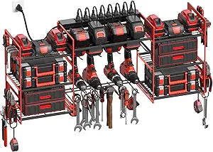 CCCEI Red Power Tool Organizer Wall Mount, Large Tools and Battery Storage Rack Charging Station Individual Switches. Drills Holder, Garage Utility Shelves with 6FT Power Strip. Gift for Men.