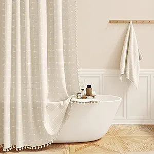 BTTN Extra Long Shower Curtain, 72x84 Inch Long Boho Tassel Linen Fabric Shower Curtain Set with Plastic Hooks, Tall Modern Farmhouse French Country Chic Cloth Shower Curtain for Bathroom, Cream/Beige